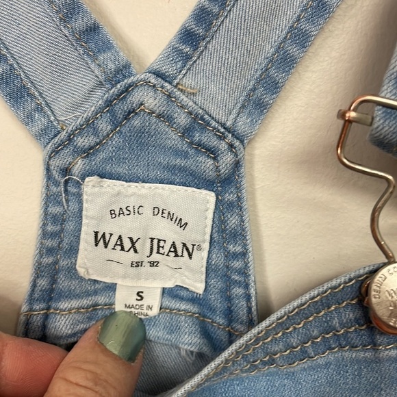 Wax Jean Light Blue Wash Roll Cuff Distressed Denim Shortie Overall, Small - Picture 5 of 8